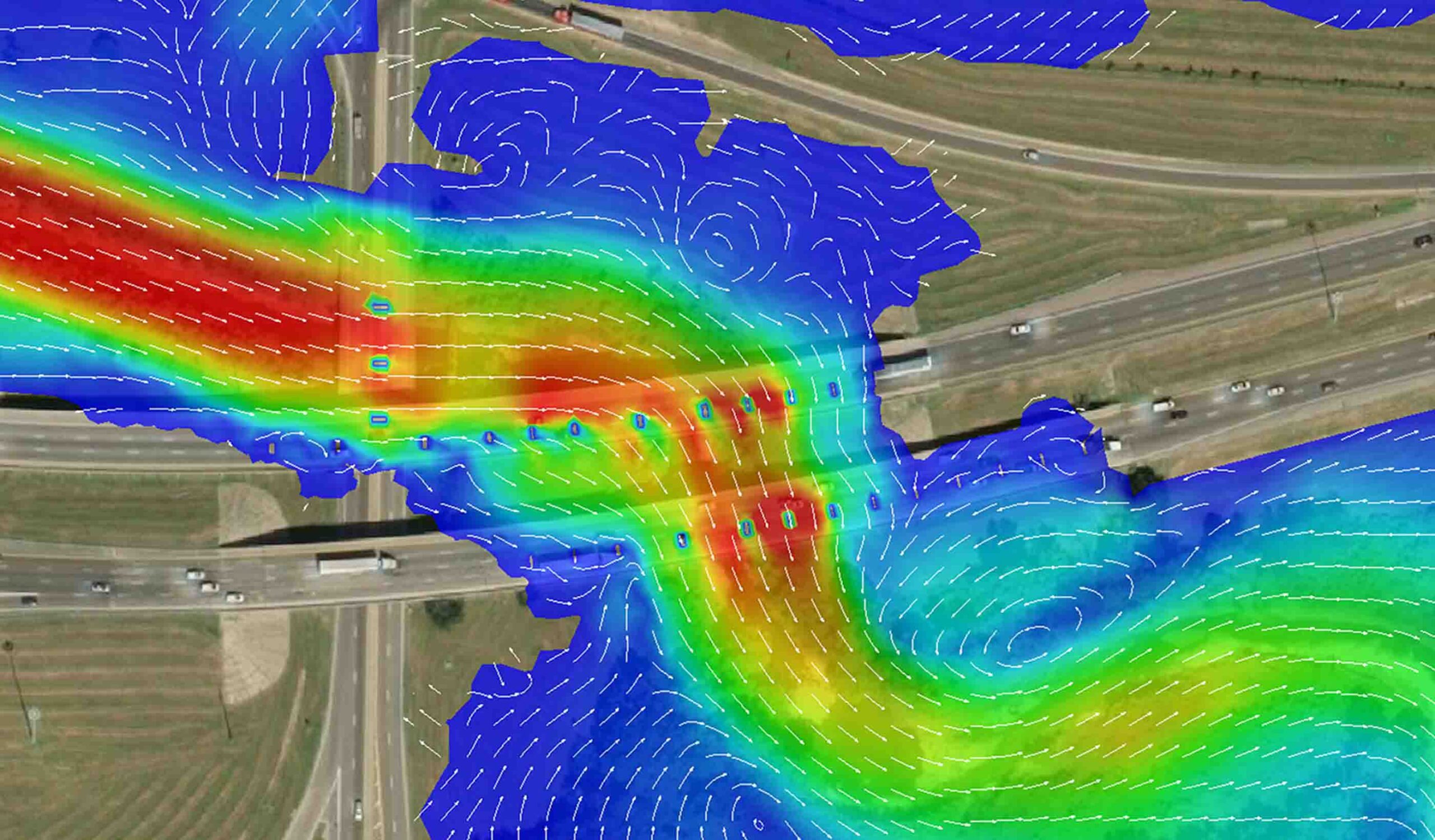 a map of a highway with a red, yellow, and blue line.