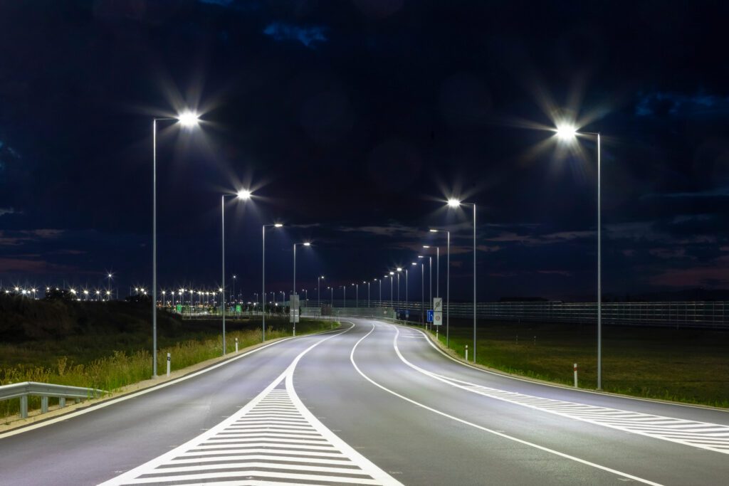 led street lights on a road at night.